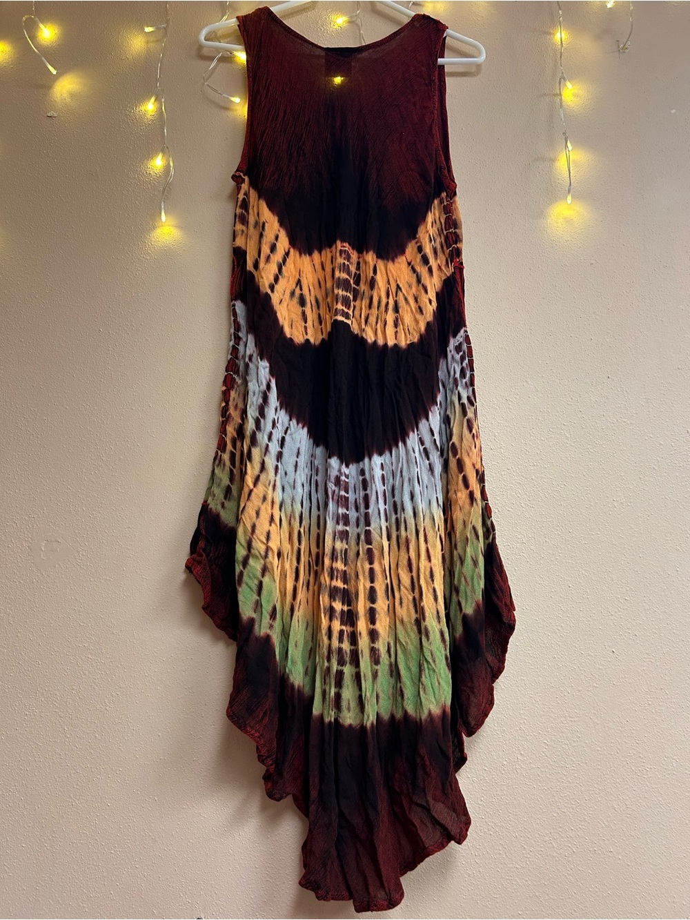 Bohemian Tie-Dye Asymmetrical Midi tank top Dress in Red and Multicolor Free Sz - Picture 2 of 10